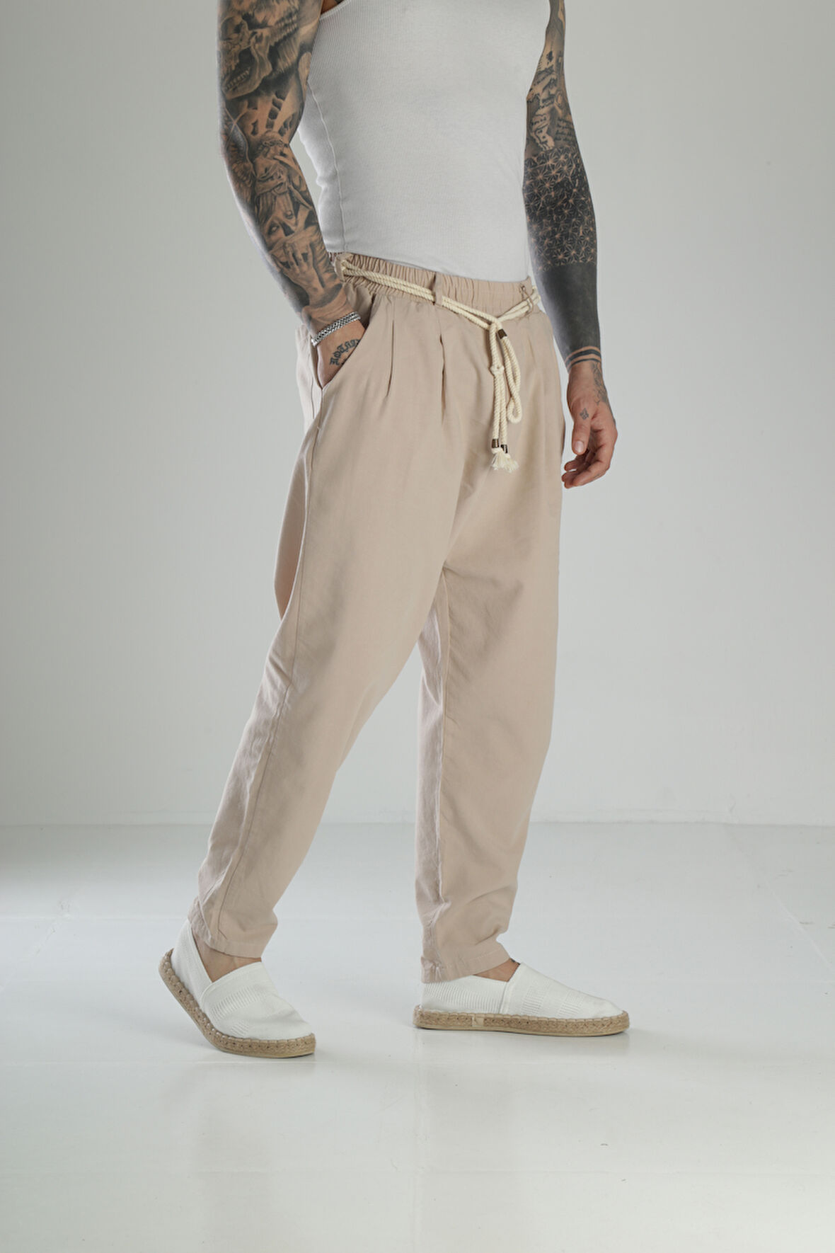 Kapgan İp Detaylı Bej Keten Pantolon COC1464