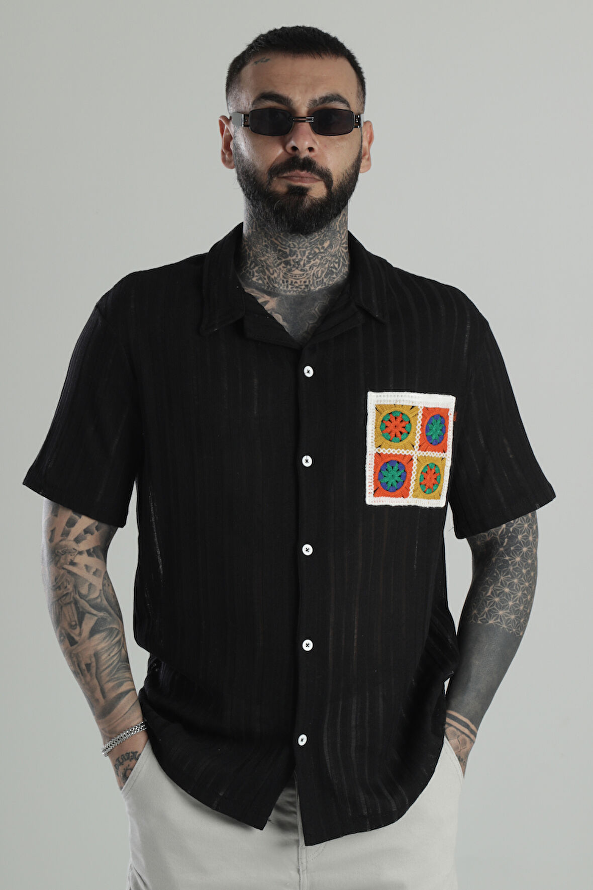 Örme Cep Detaylı Siyah Gömlek COC1451