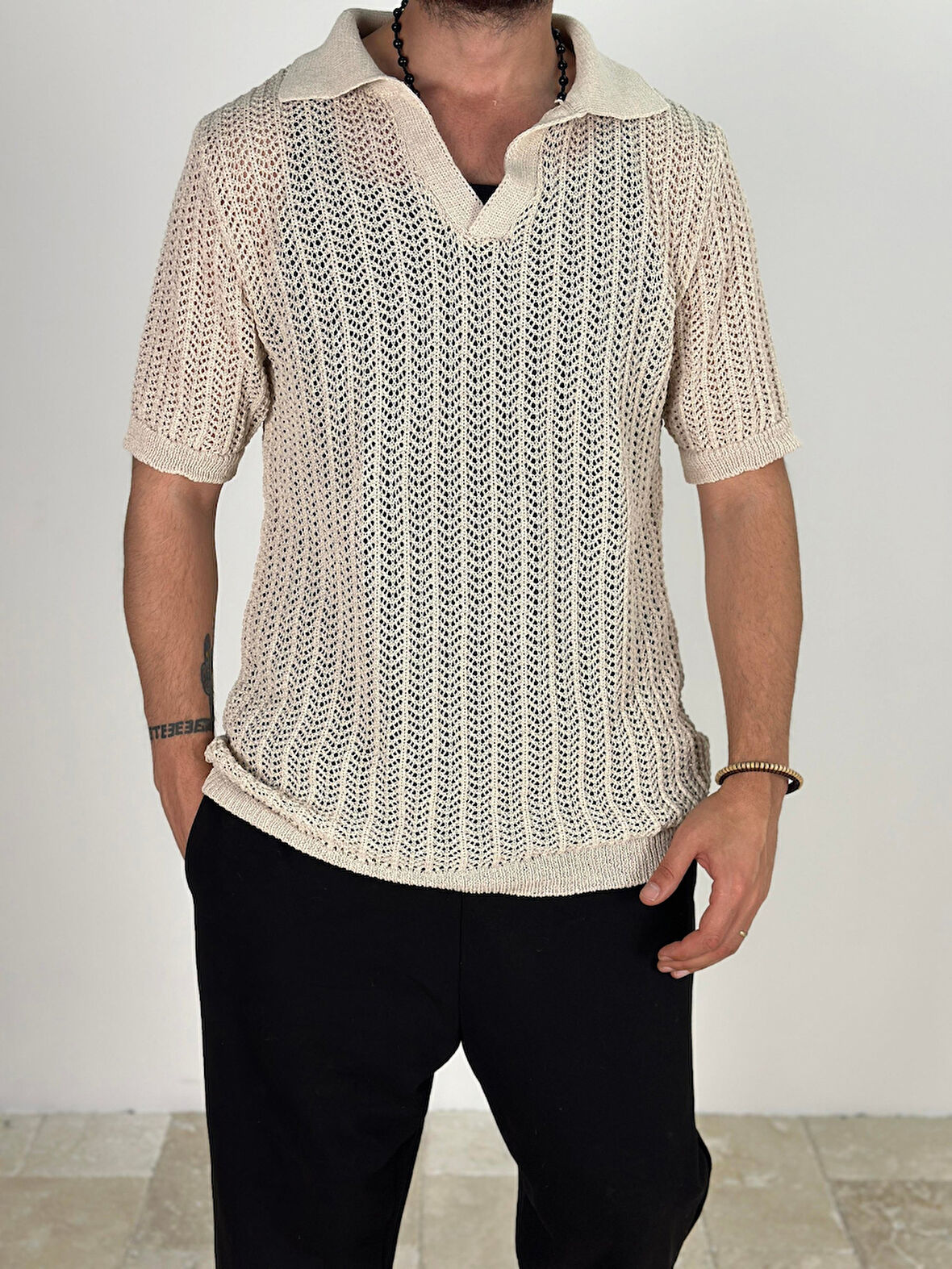 Örme Triko Polo Bej T-Shirt COC1876