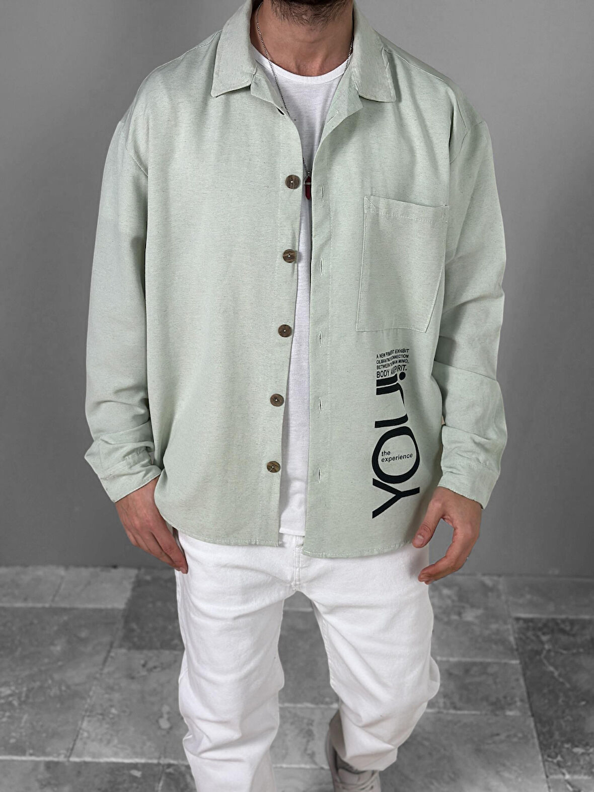 Su Yeşili Desenli Keten Gömlek COC1802