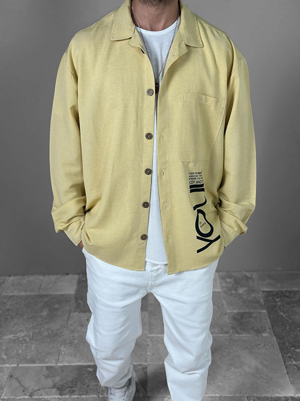 Sarı Desenli Keten Gömlek COC1961