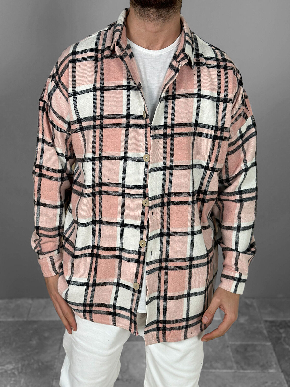 Pembe Siyah Çizgili Oduncu Gömlek COC2087