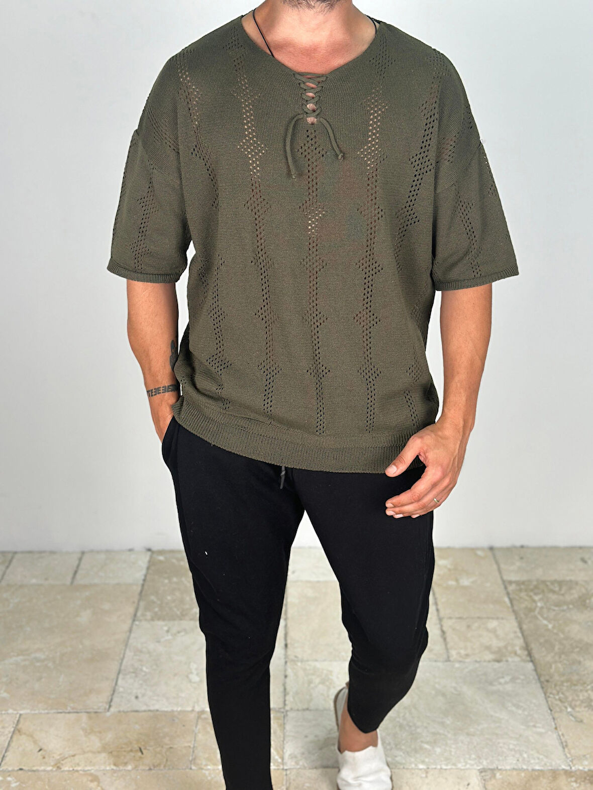 Lazer Kesim Örme Haki T-Shirt COC2021