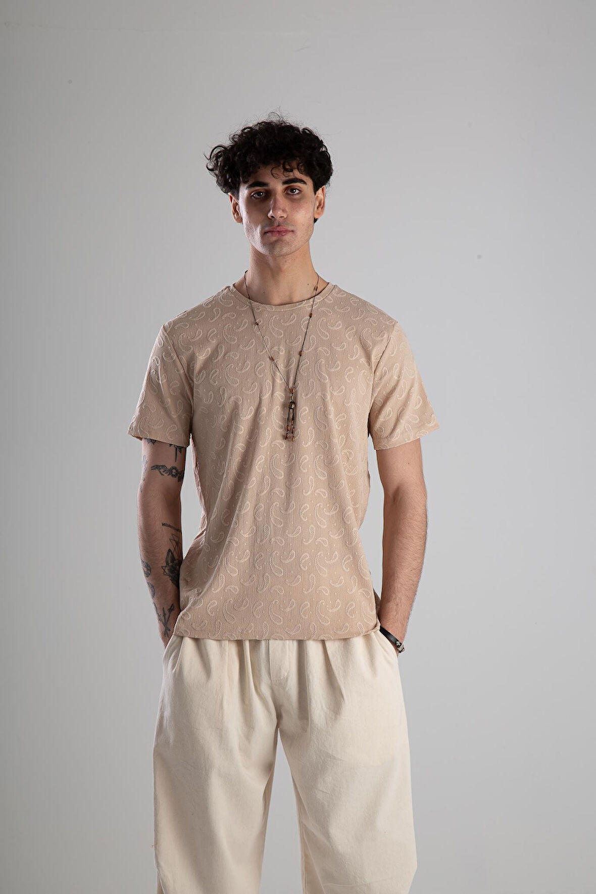 Jakarlı Krem Örme T-Shirt COC2146