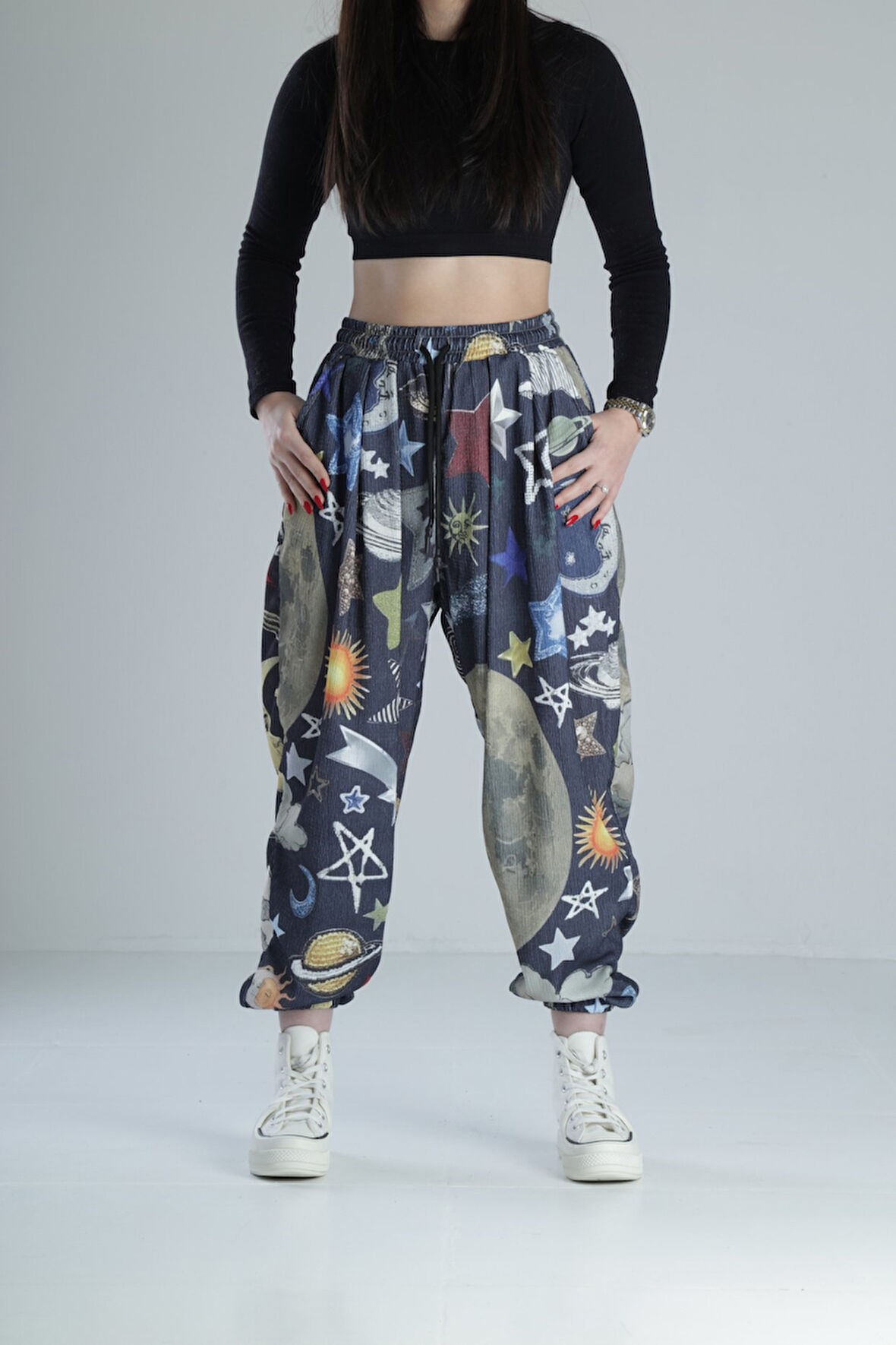 Gezegen Detaylı Pileli Bürümcük Kumaş Yarım Şalvar COC2102