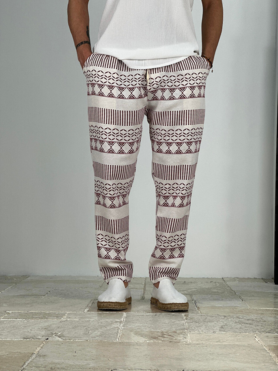 Etnik Desenli Bordo Keten Pantolon COC2228