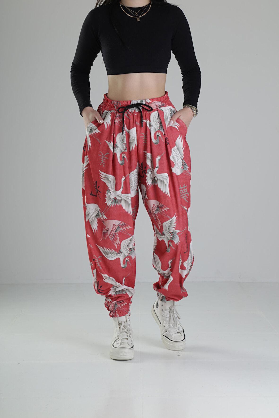 Chinese Kuş Desenli Pileli Jogger COC2326