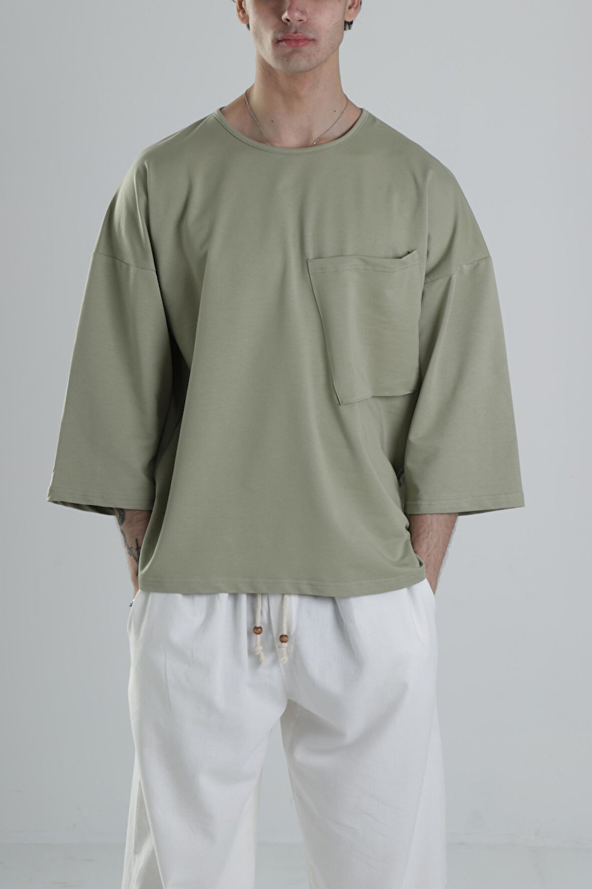 Cep Detaylı Yeşil Fakir Kol T-Shirt COC2309