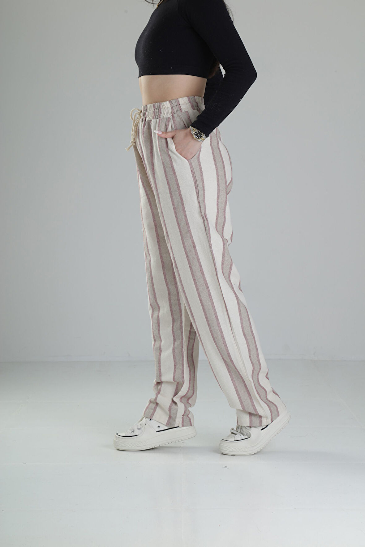 Bol Kalıp Bordo Çizgi Keten Pantolon COC2446