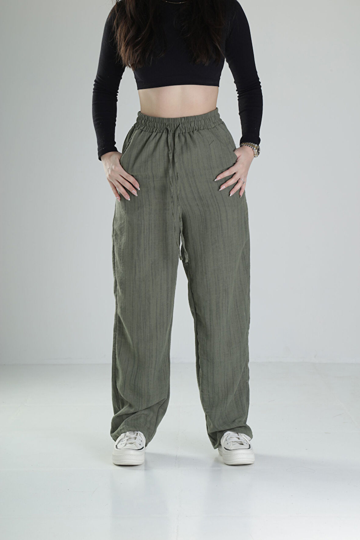 Aerobin Keten Kumaş Yeşil Baggy Pantolon COC2511