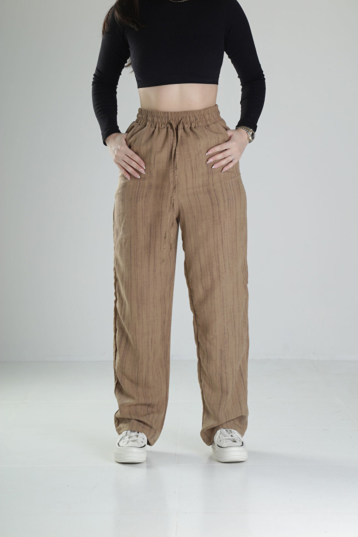 Aerobin Keten Kumaş Kahve Baggy Pantolon COC2510