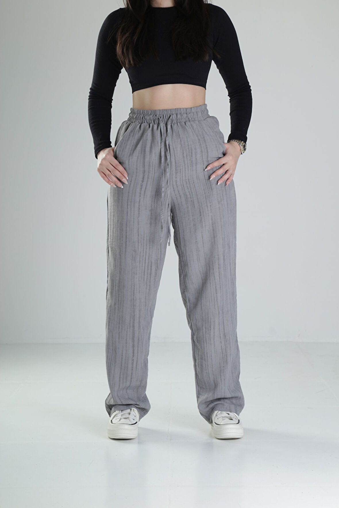 Aerobin Keten Kumaş Gri Baggy Pantolon COC2509