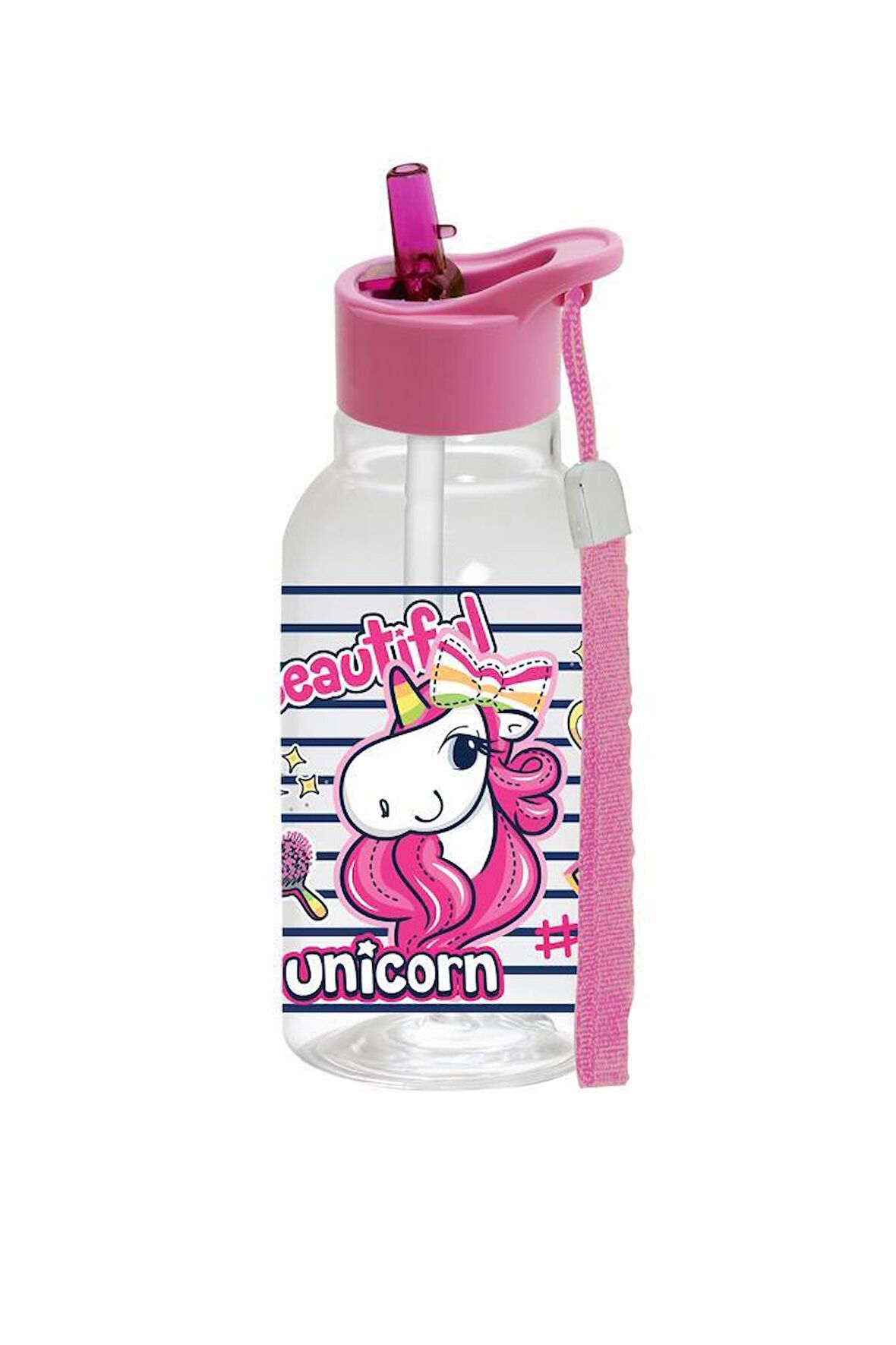 460 cc Desenli İpli Pipetli Matara-Unicorn