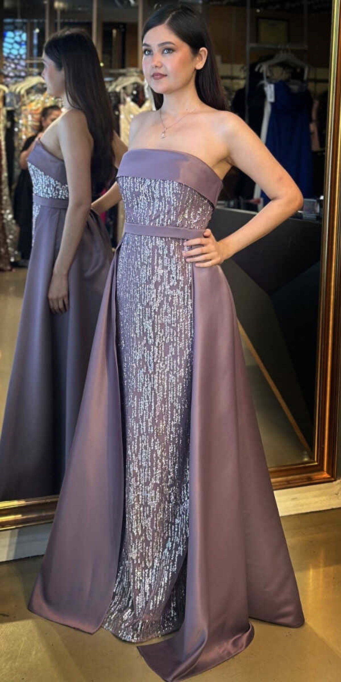 Lavanta Straplez Yaka Çıkarılabilir Kuyruklu Düz Kesim Simli Uzun Abiye Elbise 7699