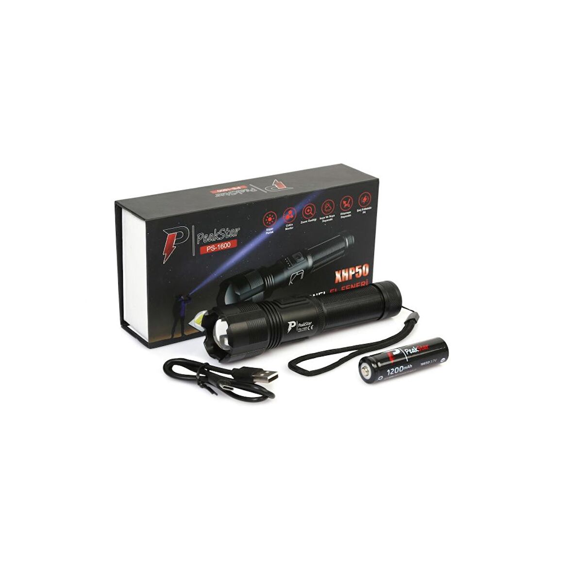 Ps-1600 Süper Parlak Led Zoomlu 5 Mod Su Geçirmez Profesyonel Kamp Bekçi Avcı Feneri