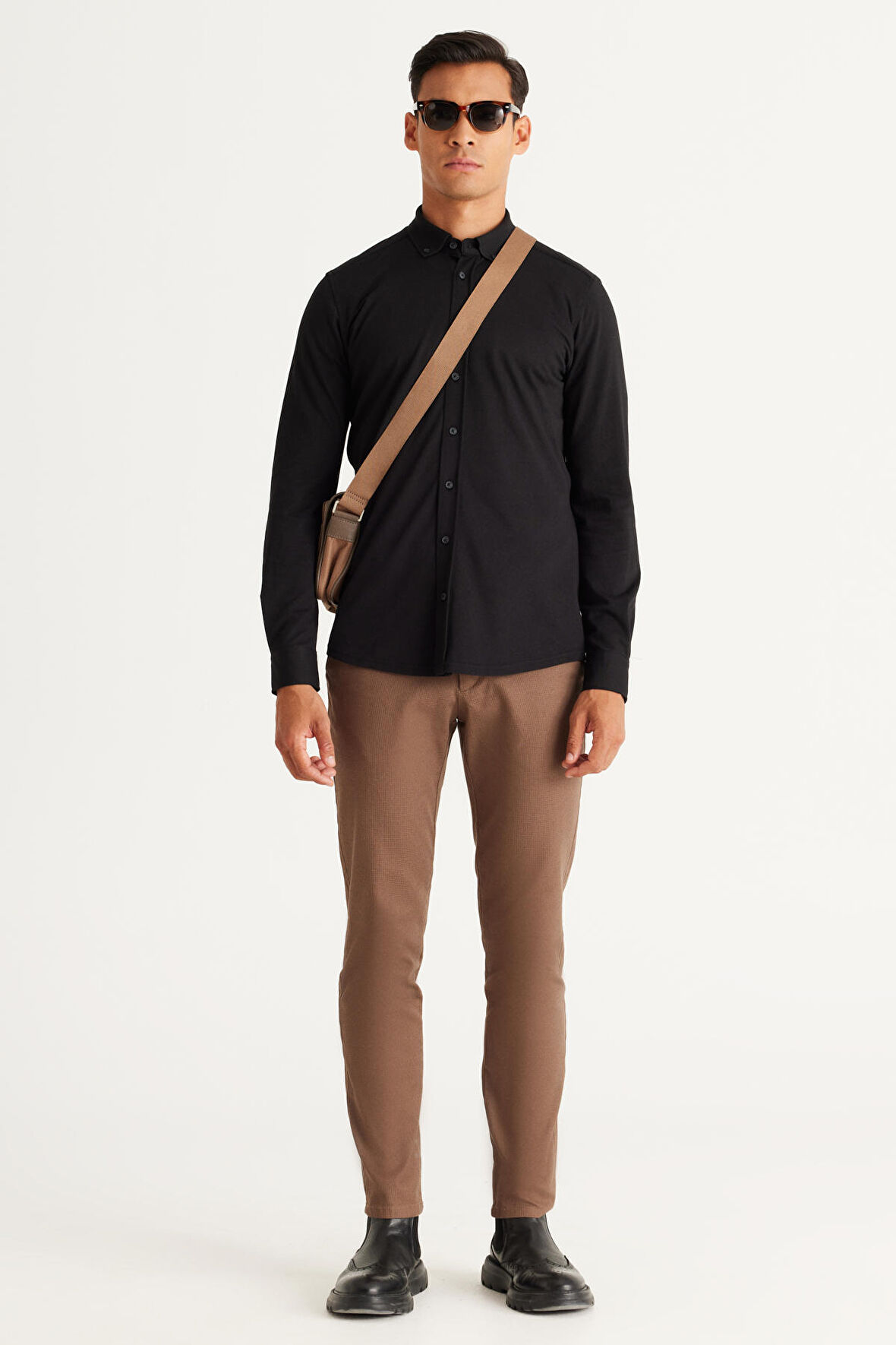 Erkek Camel Slim Fit Dar Kesim Yan Cep Pamuklu Esnek Rahat Armürlü Pantolon