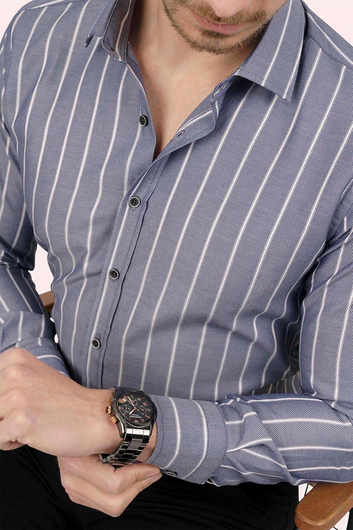 Gri Beyaz Çizgili Slimfit   Gömlek