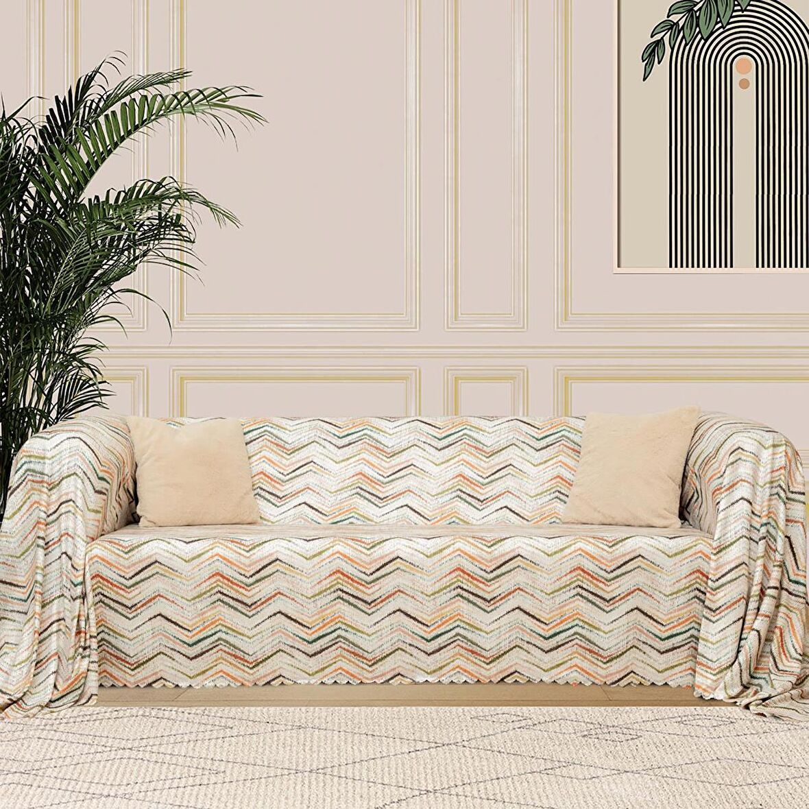 SoftMicro Zikzak Desenli 180x220 cm  Koltuk Örtüsü Şalı , Kanepe Örtüsü, Tv Battaniyesi Krem