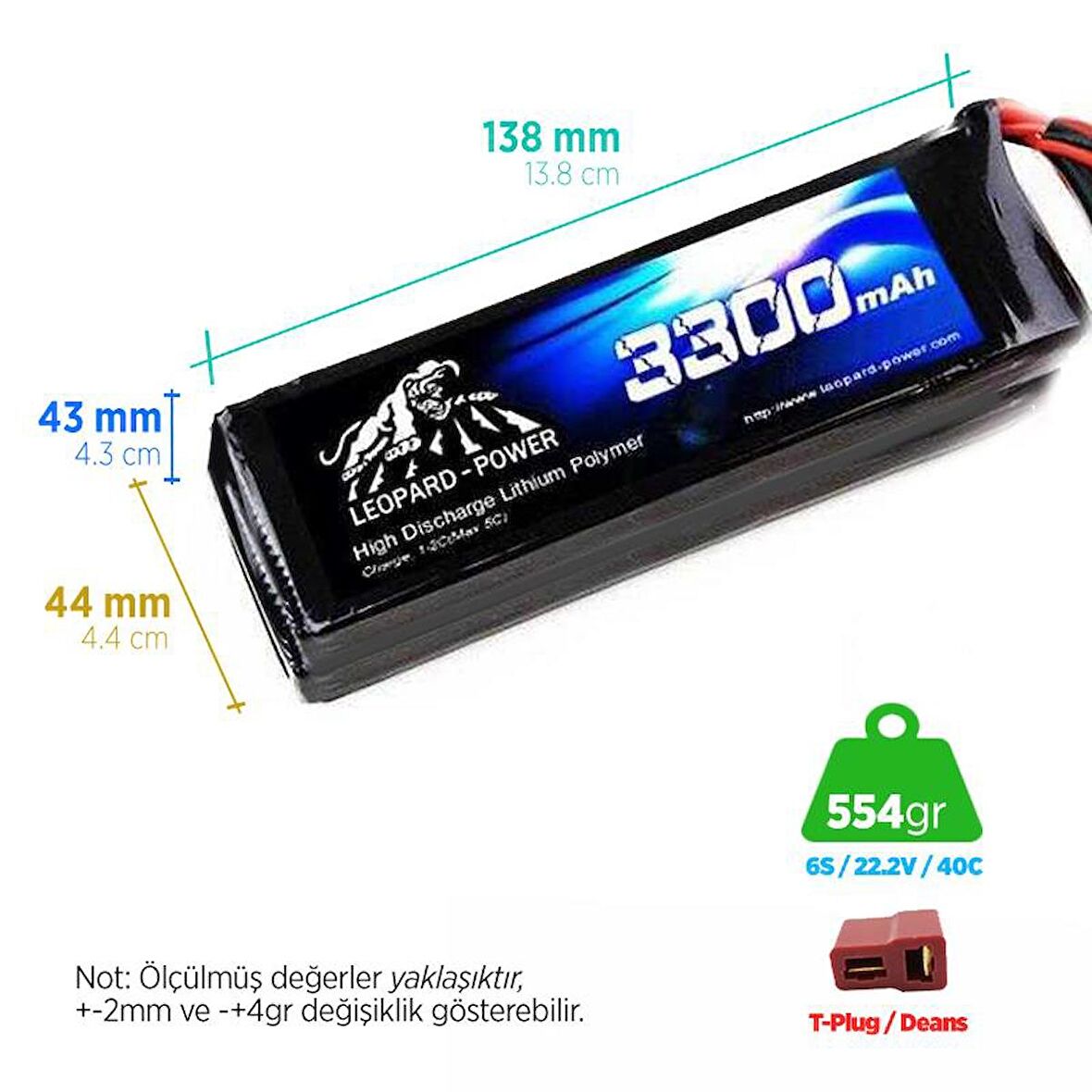 Leopard Power 3300 mAh 22.2V 6S 40C Lityum Polimer Lipo Batarya Pil T Plug