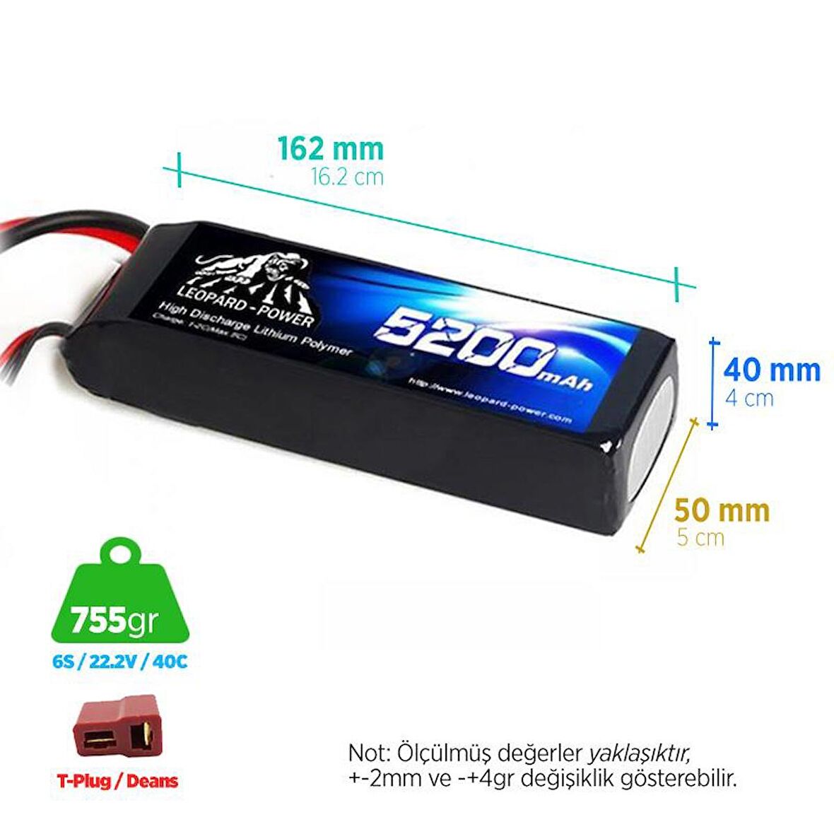 Leopard Power 5200 mAh 22.2V 6S 40C Lityum Polimer Lipo Batarya Pil T Plug