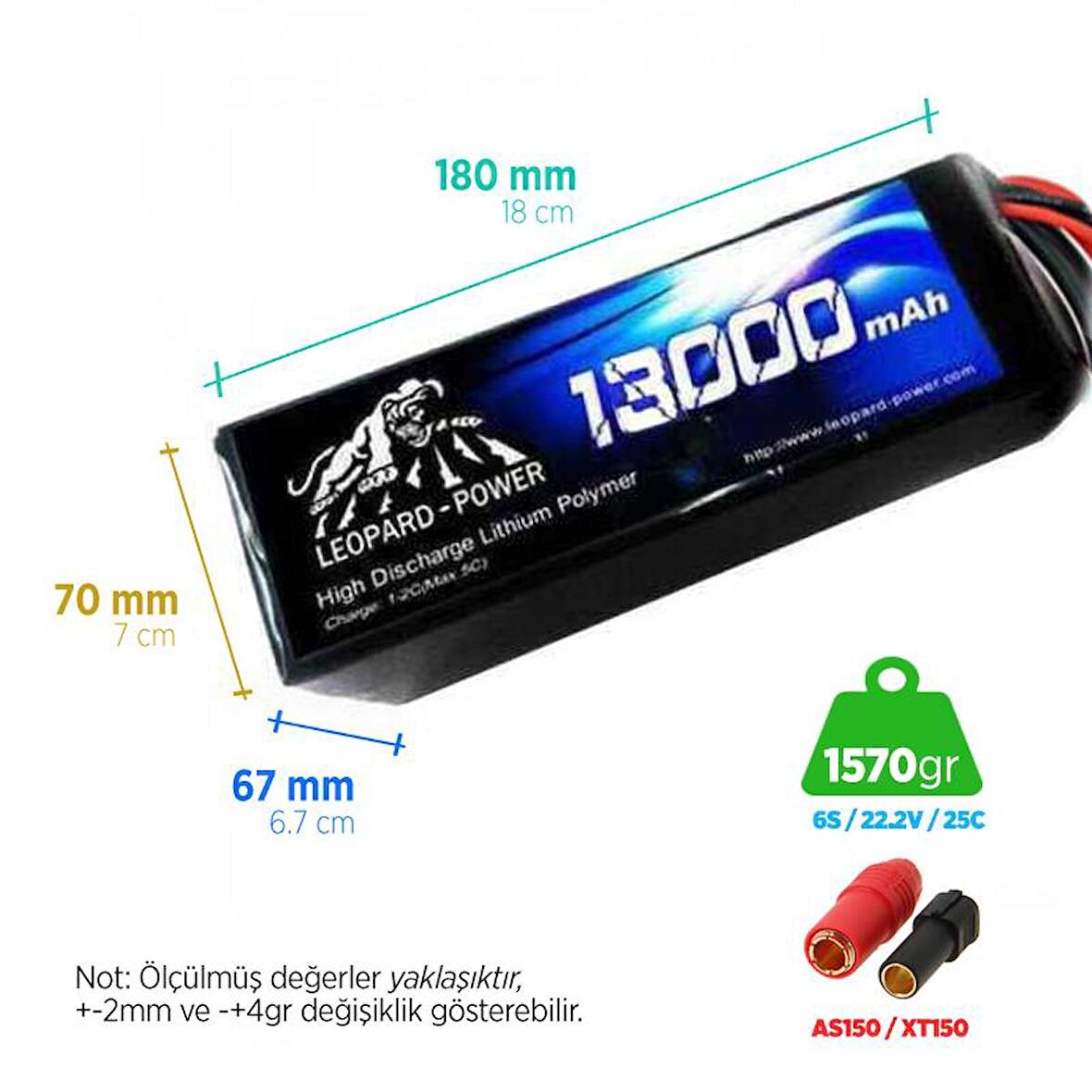 Leopard Power 13000 mAh 22.2V 6S 25C UAV & Multirotor Lityum Polimer Lipo Batarya Pil XT150 Plug