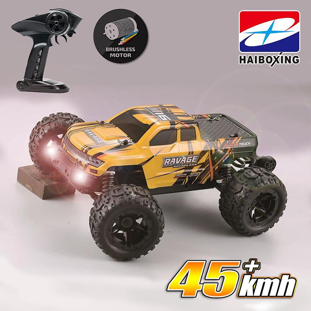 HAIBOXING RC 1/16 Ravage 45+ KM/H Sürat Uzaktan Kumandalı RC Model Araba RTR Elektrikli 4WD Brushless Fırçasız Offroad Truck (Sarı)