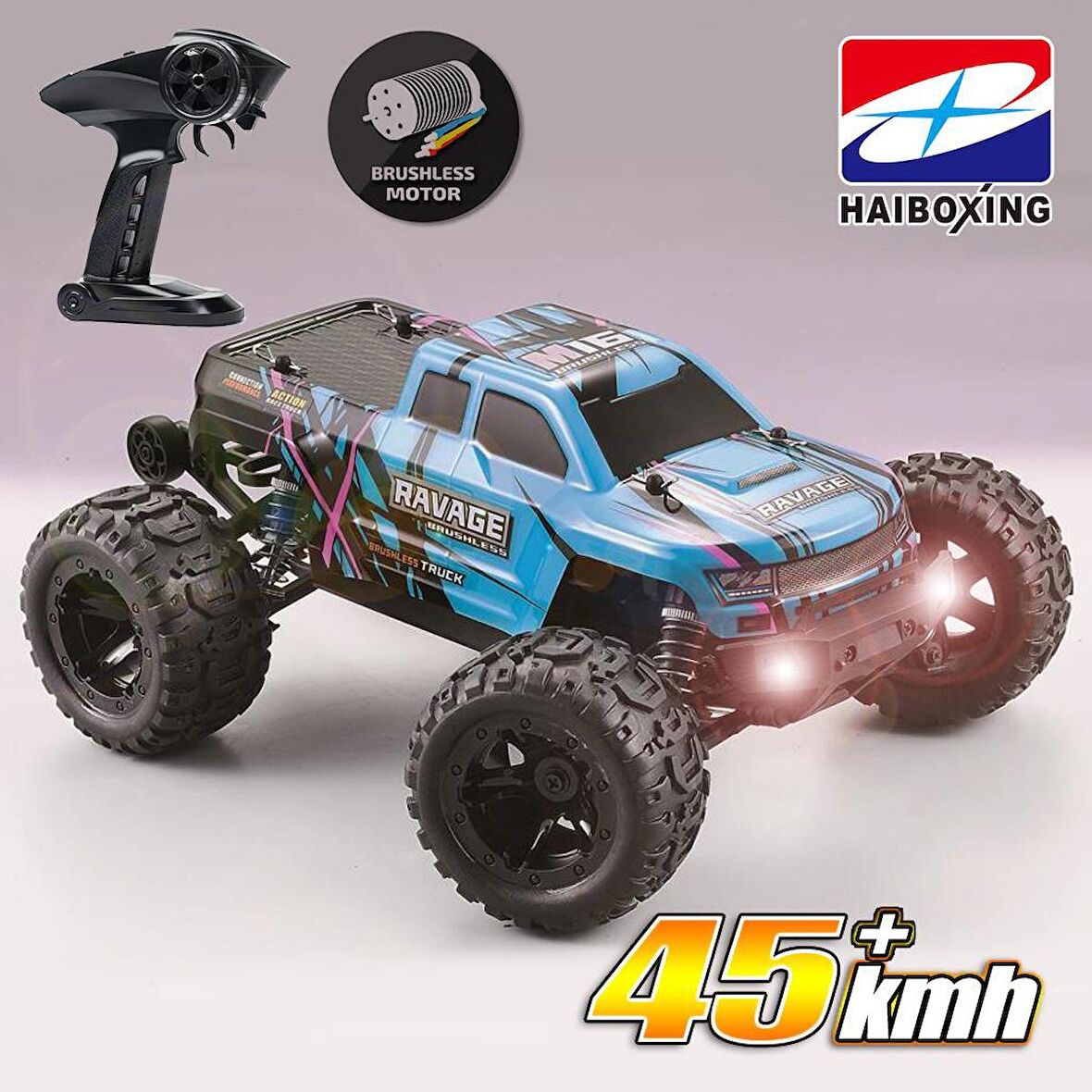 HAIBOXING RC 1/16 Ravage 45+ KM/H Sürat Uzaktan Kumandalı RC Model Araba RTR Elektrikli 4WD Brushless Fırçasız Offroad Truck (Mavi)