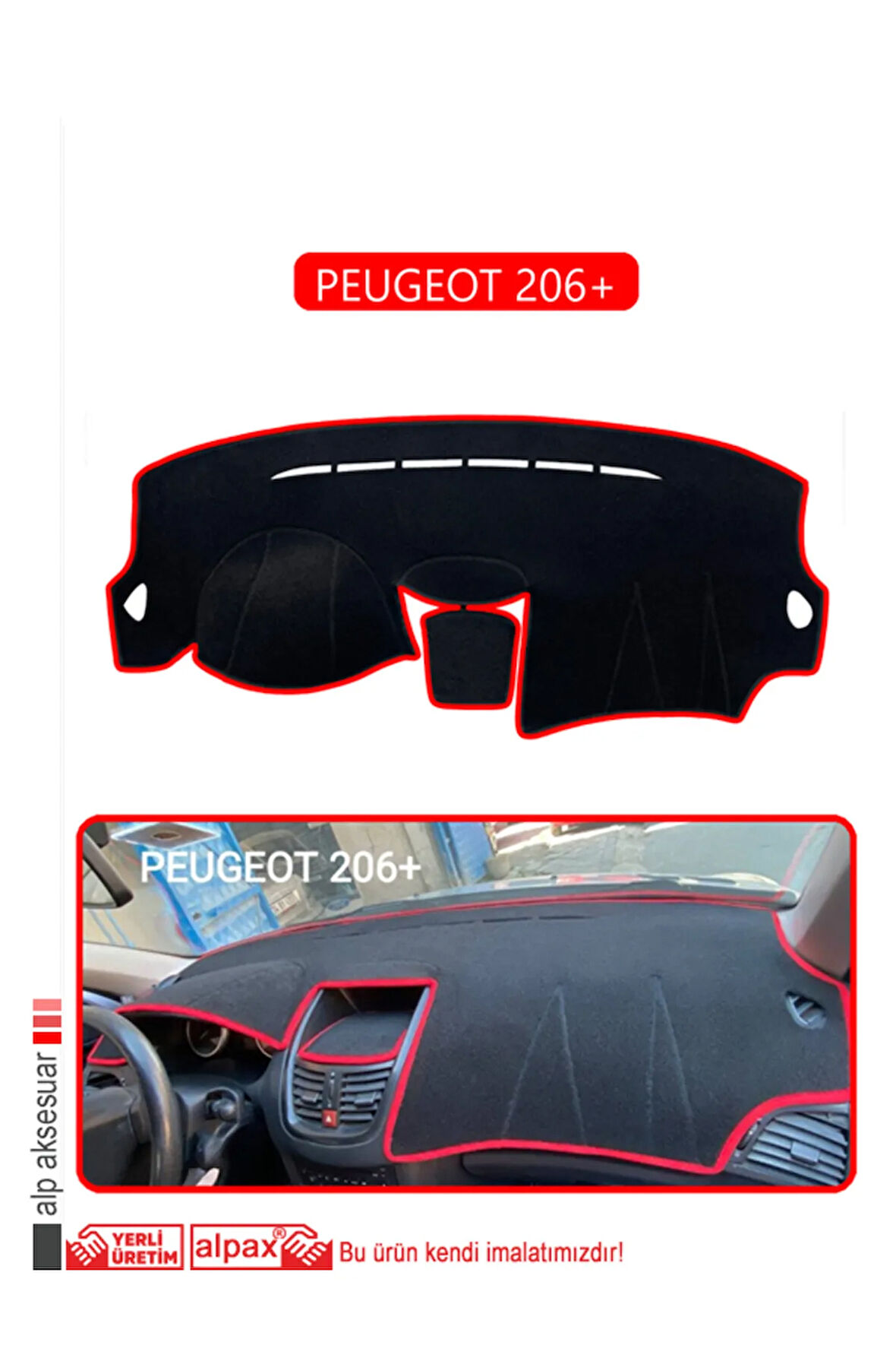 Peugeot 206+ Torpido Koruma  Halısı -  Kırmızı Kenar