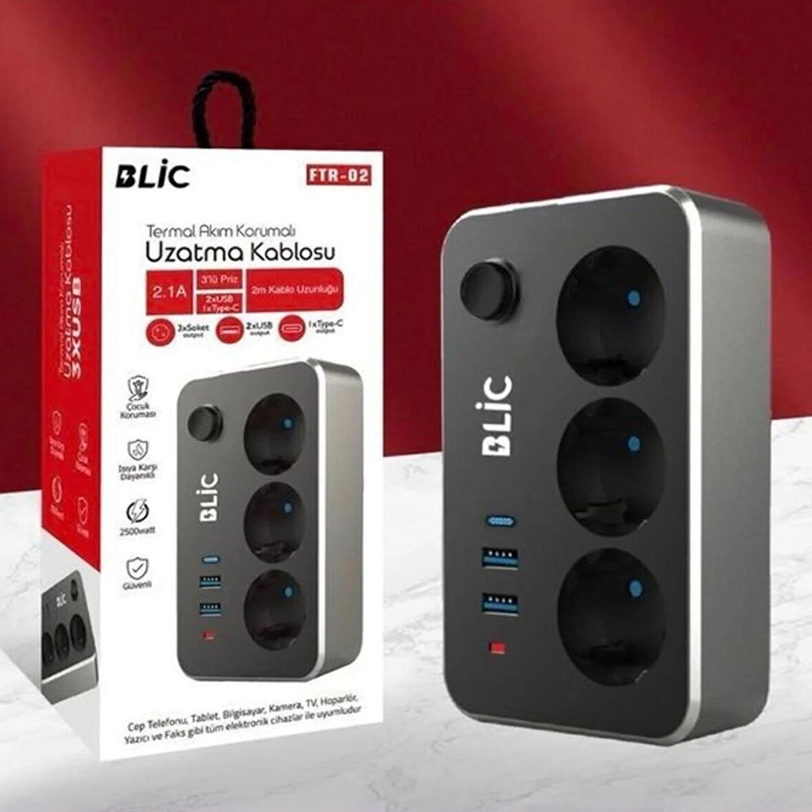 Blic Termal Akım Korumalı 3'lü Priz ve USB Şarj İstasyonu 2 USB, 1 Type-C Ofis Ev Anahtarlı