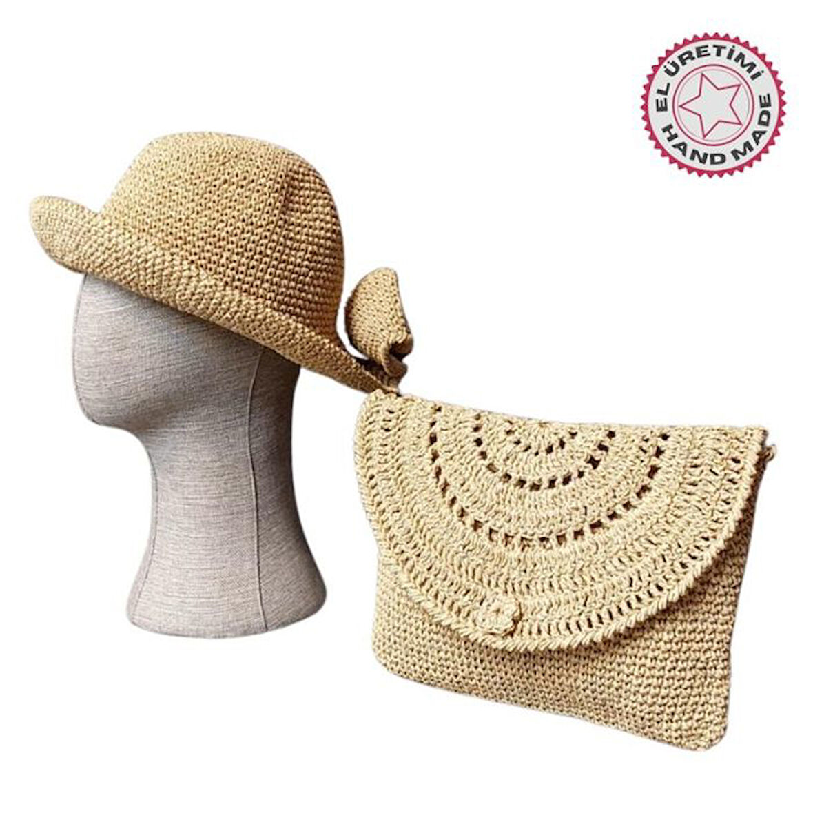 Uretti - Necla 1824 3565 El Yapımı Kağıt İp Şapka ve Clutch Çanta  Set / Bej