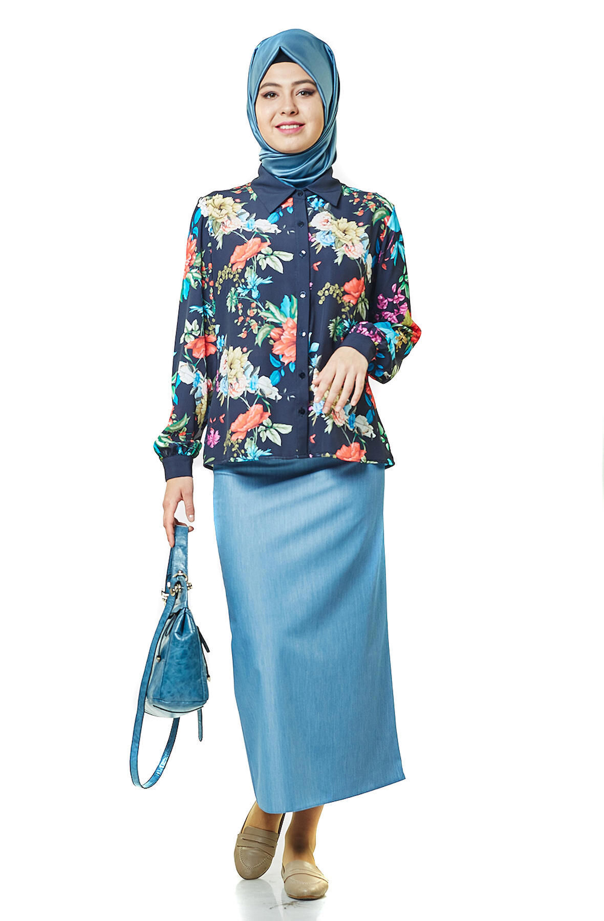 SORALLİNE KADIN KALEM ETEK 90 CM BOYUNDA ASTARLI MEVSİMLİK ÜRÜN 770 AÇIK MAVİ MELANJ