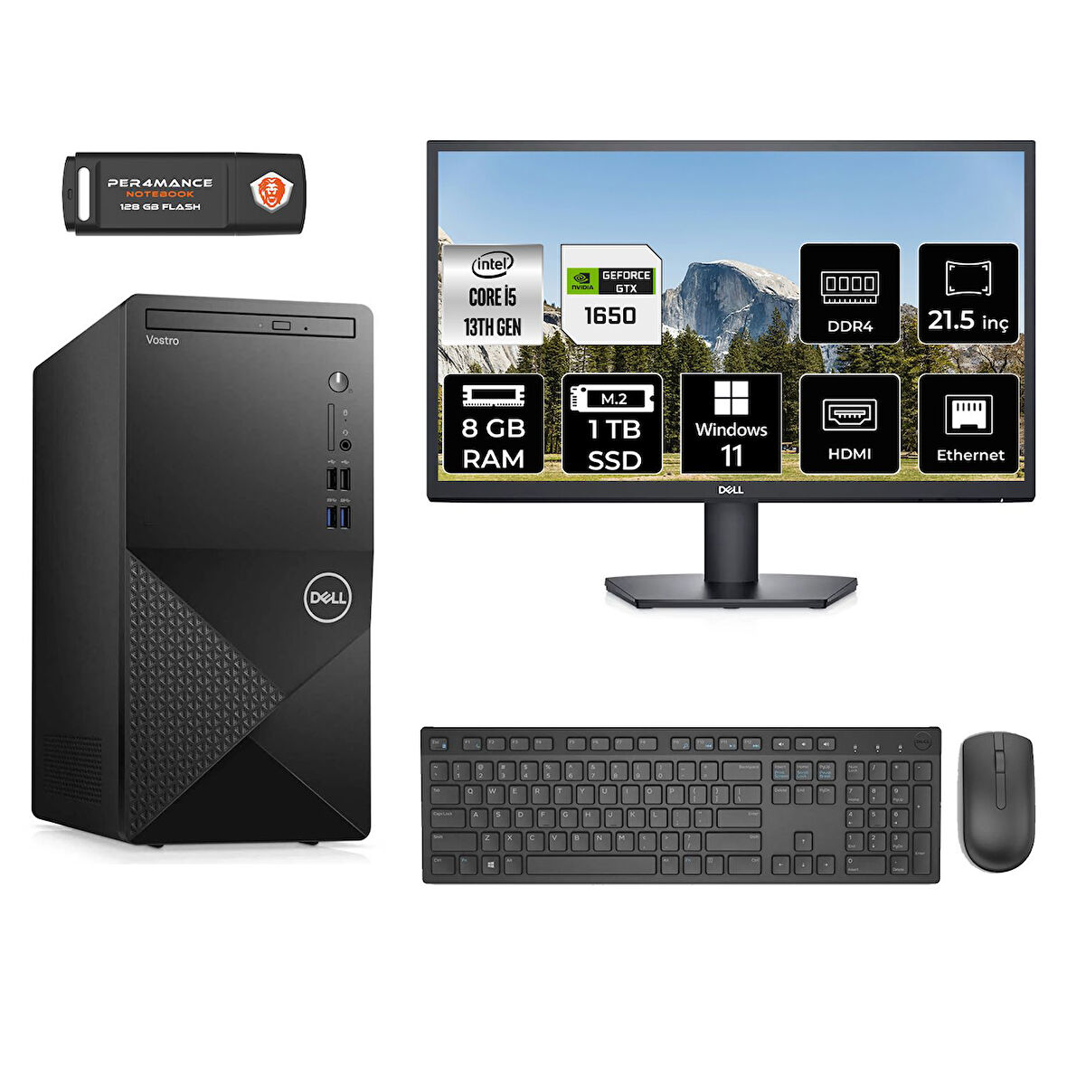 DELL VOSTRO 3020 MN4603020D703 i5 13400 8GB RAM 1TB SSD GTX1650 4GB 21.5" W11P MASAÜSTÜ PC