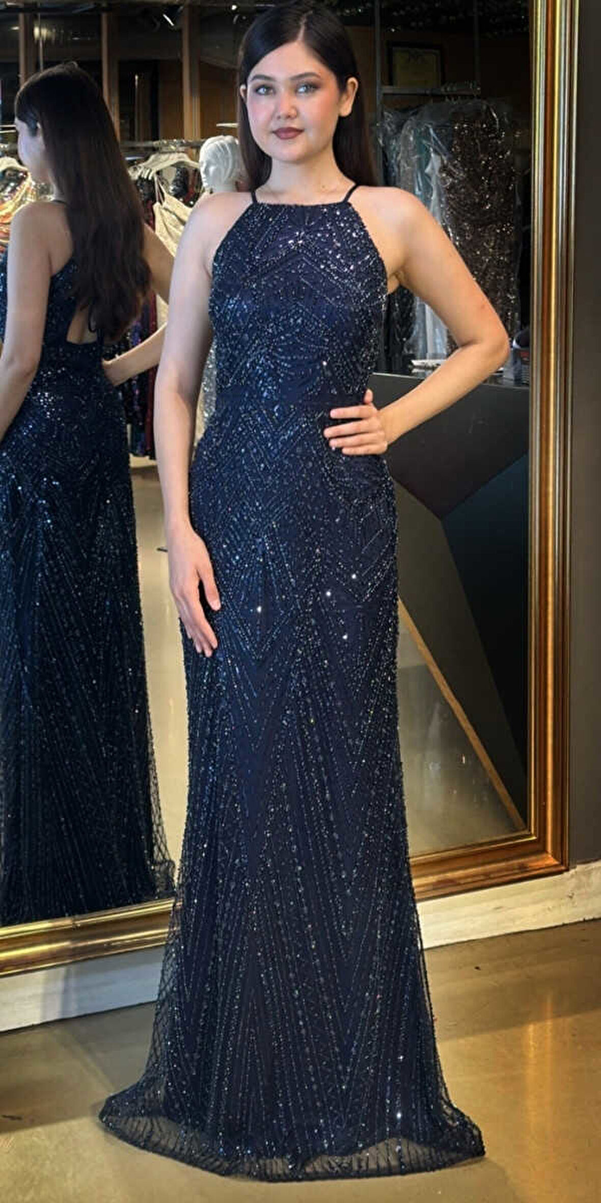 Lacivert Stefanel Yaka Sırt Dekolteli  Düz Kesim Pullu Boncuklu Uzun Abiye Elbise 7712