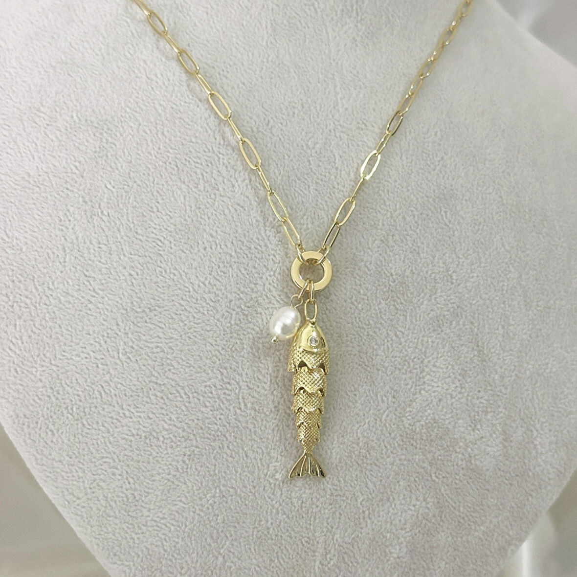 İncili Hareketli Balık Kolye Gold