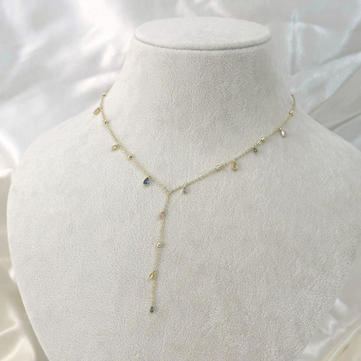 Renkli Taşlı Y Kolye Gold