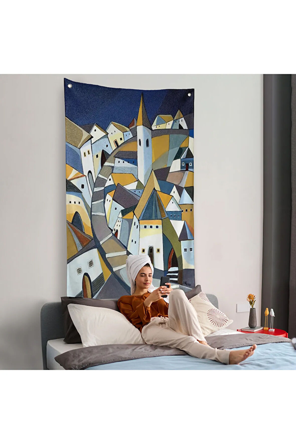 Sıkışık Mavi Evler Duvar Örtüsü-7718