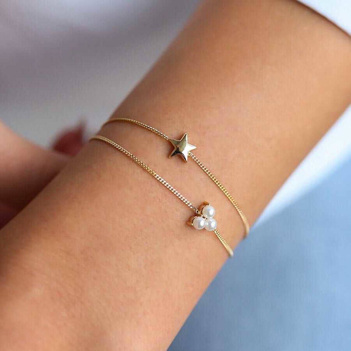 İncili Yıldızlı İkili Bileklik