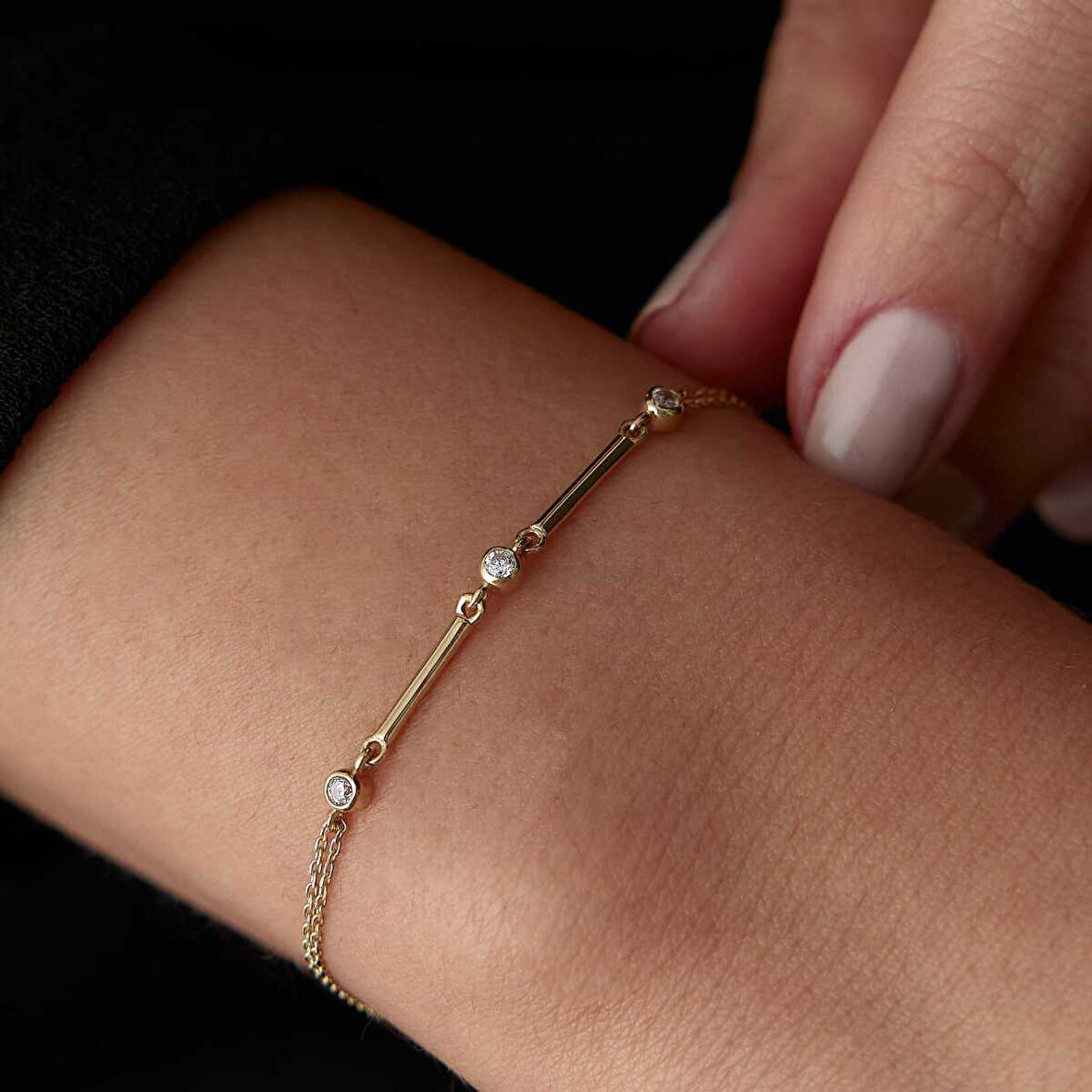 Taşlı Yarı Zincir Yarı Çubuk Bileklik