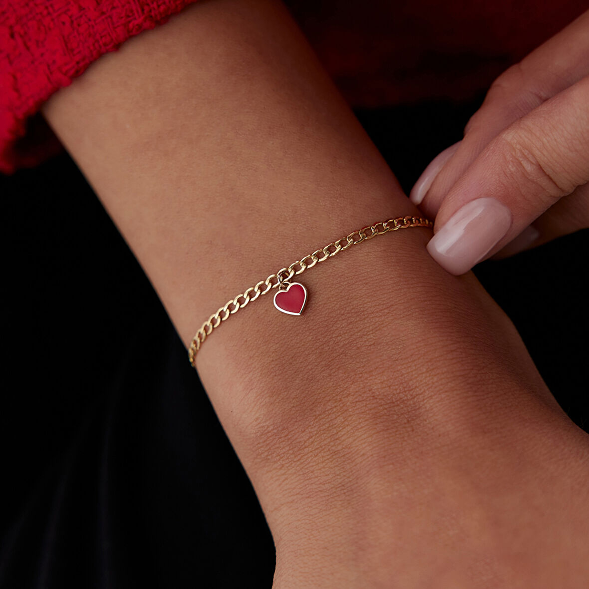 Kırmızı Mineli Kalp Charm Bileklik
