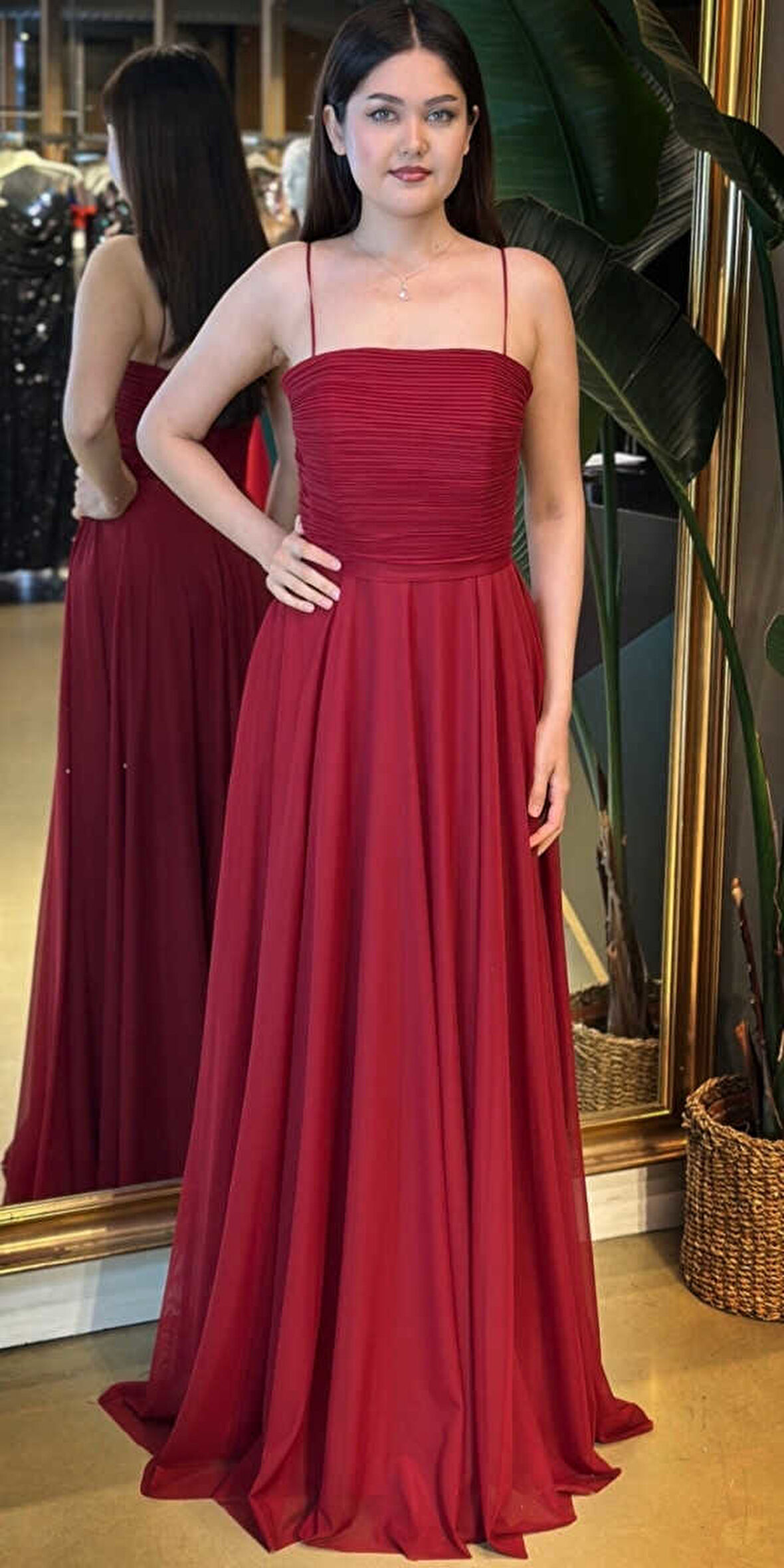 Bordo İp Askılı Yırtmaçlı Düz Kesim Tül Uzun Abiye Elbise 7719