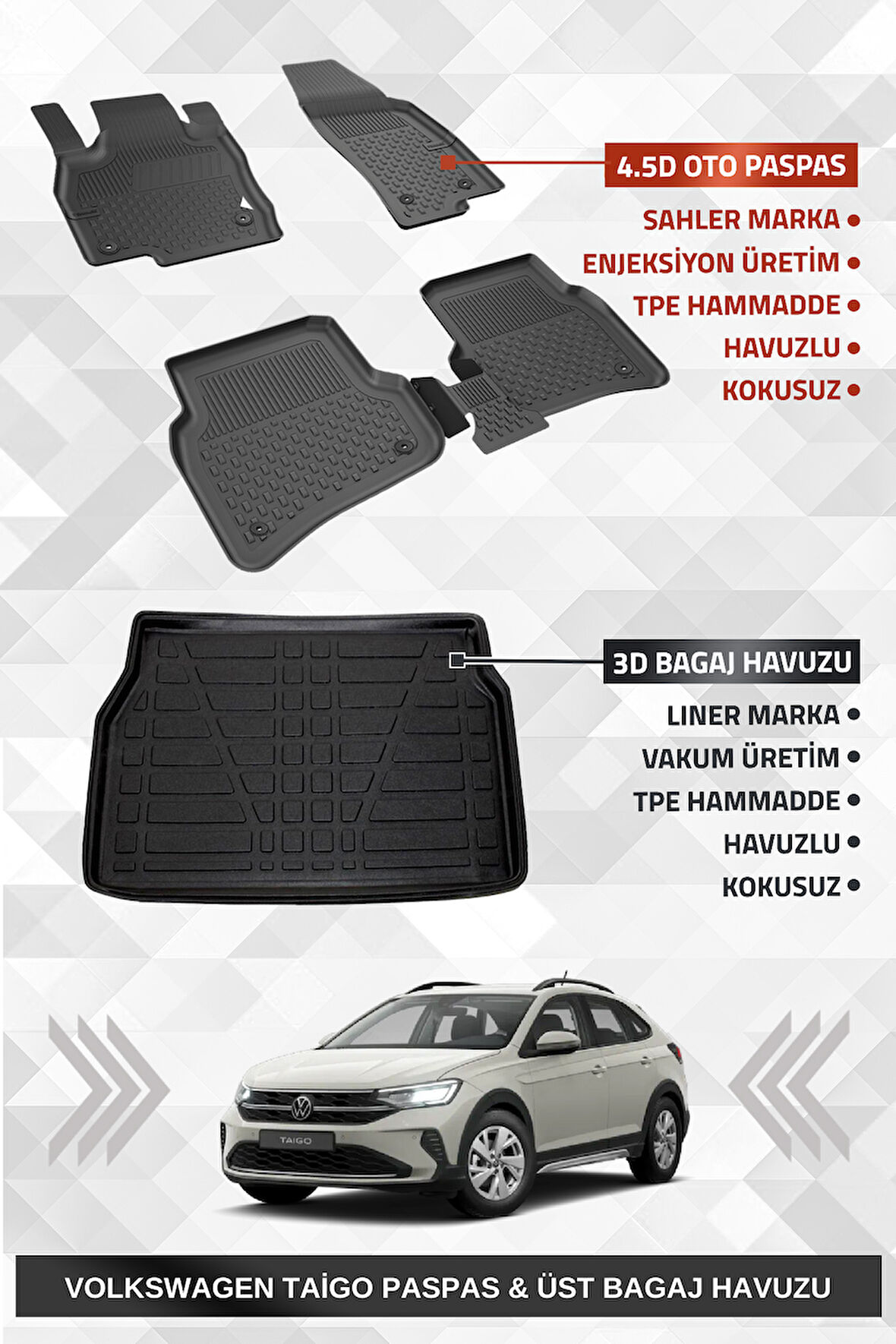 Sahler Volkswagen Taigo 2021+ Uyumlu 4.5d Premium Havuzlu Paspas ve Liner Marka 3D ÜST Bagaj Havuzu