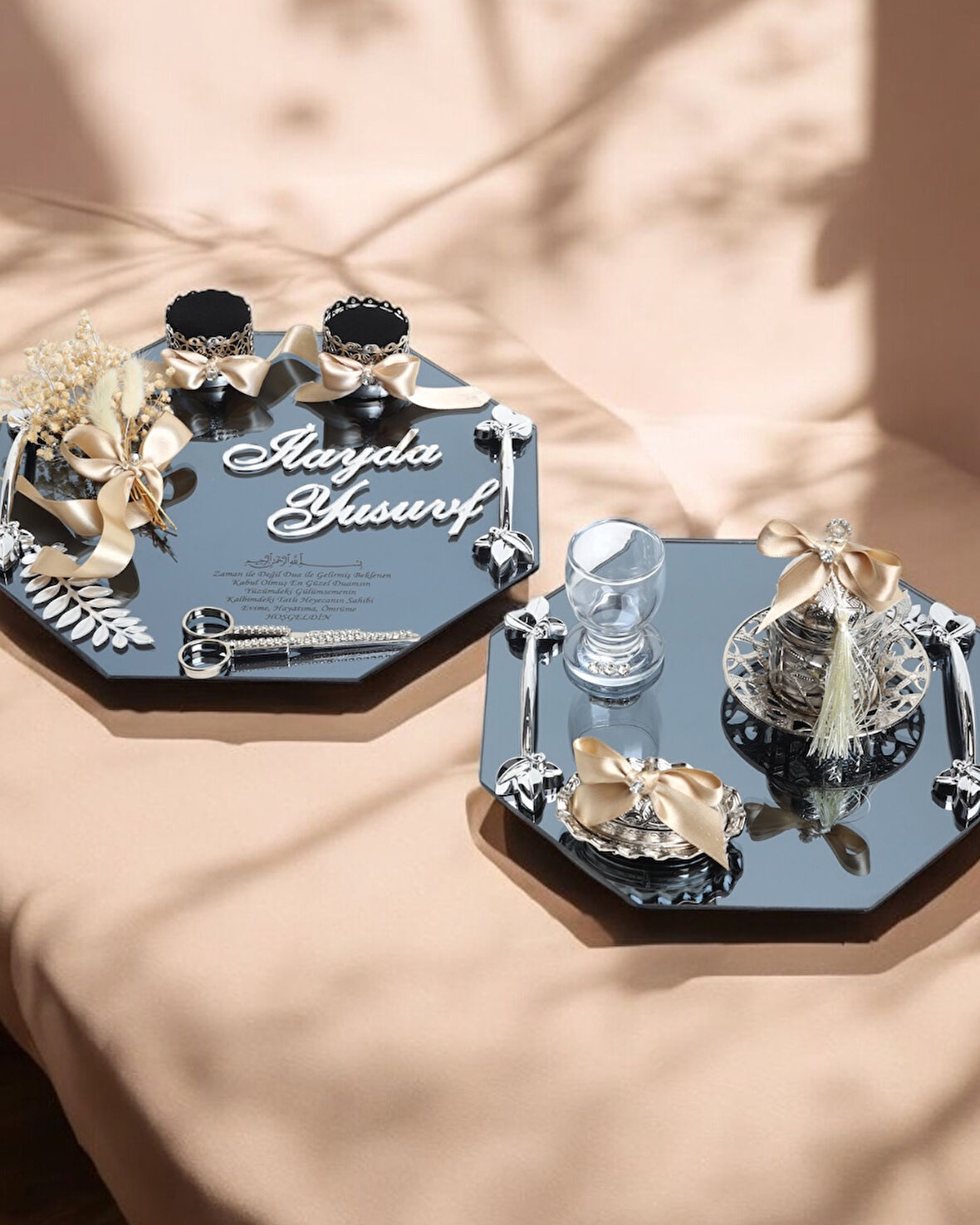 Affinity Sekizgen Gümüş Söz ve Nişan Tepsisi ile Damat Kahve Fincan Tepsisi
