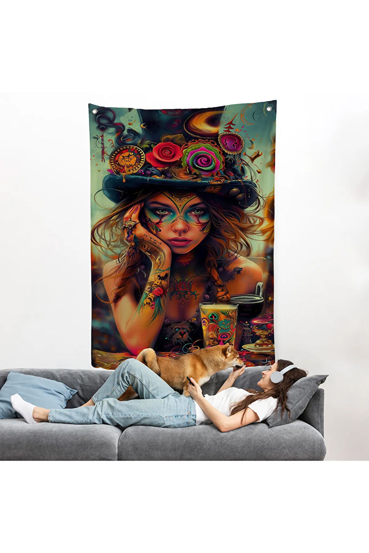 Sürreal Dövmeli Hippi Kadın Duvar Örtüsü-7727
