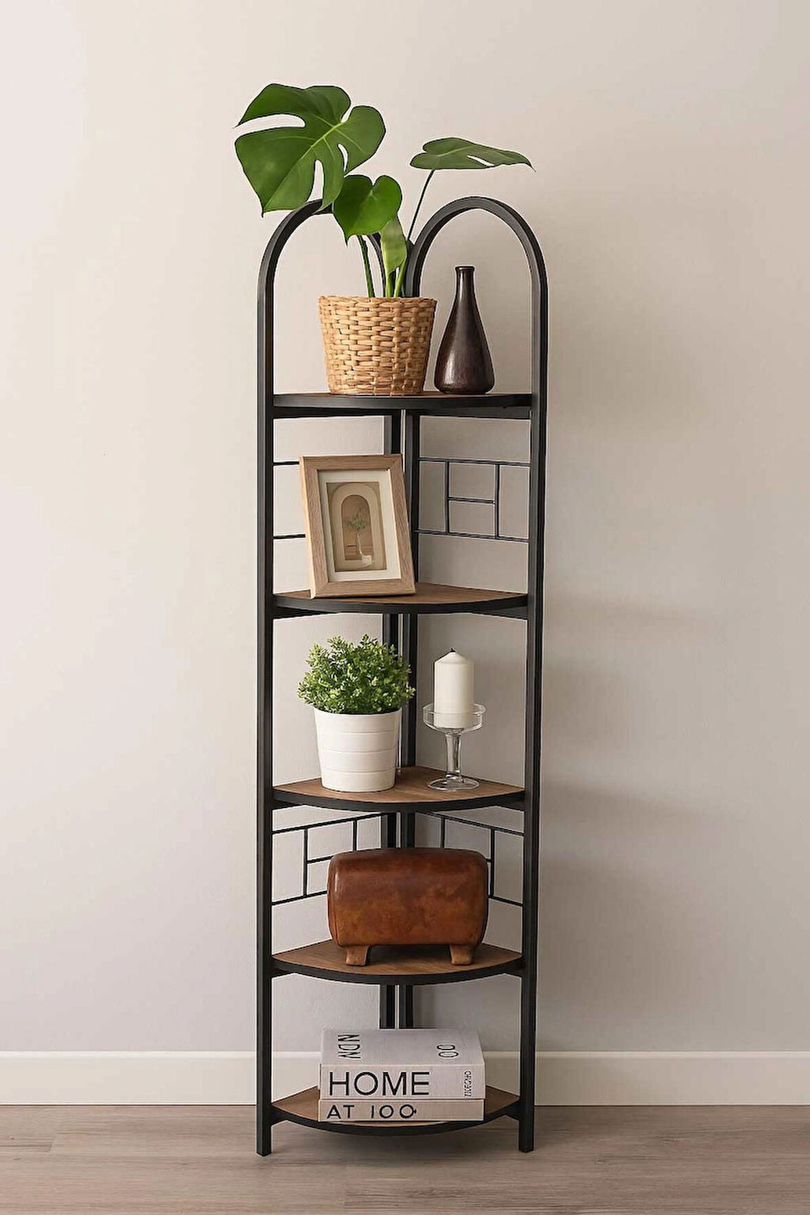 Reyo Falez 5 Raflı Metal Köşe Kitaplık Aksesuar Rafı Çiçeklik Salon Dekoratif Çok Amaçlı Raf