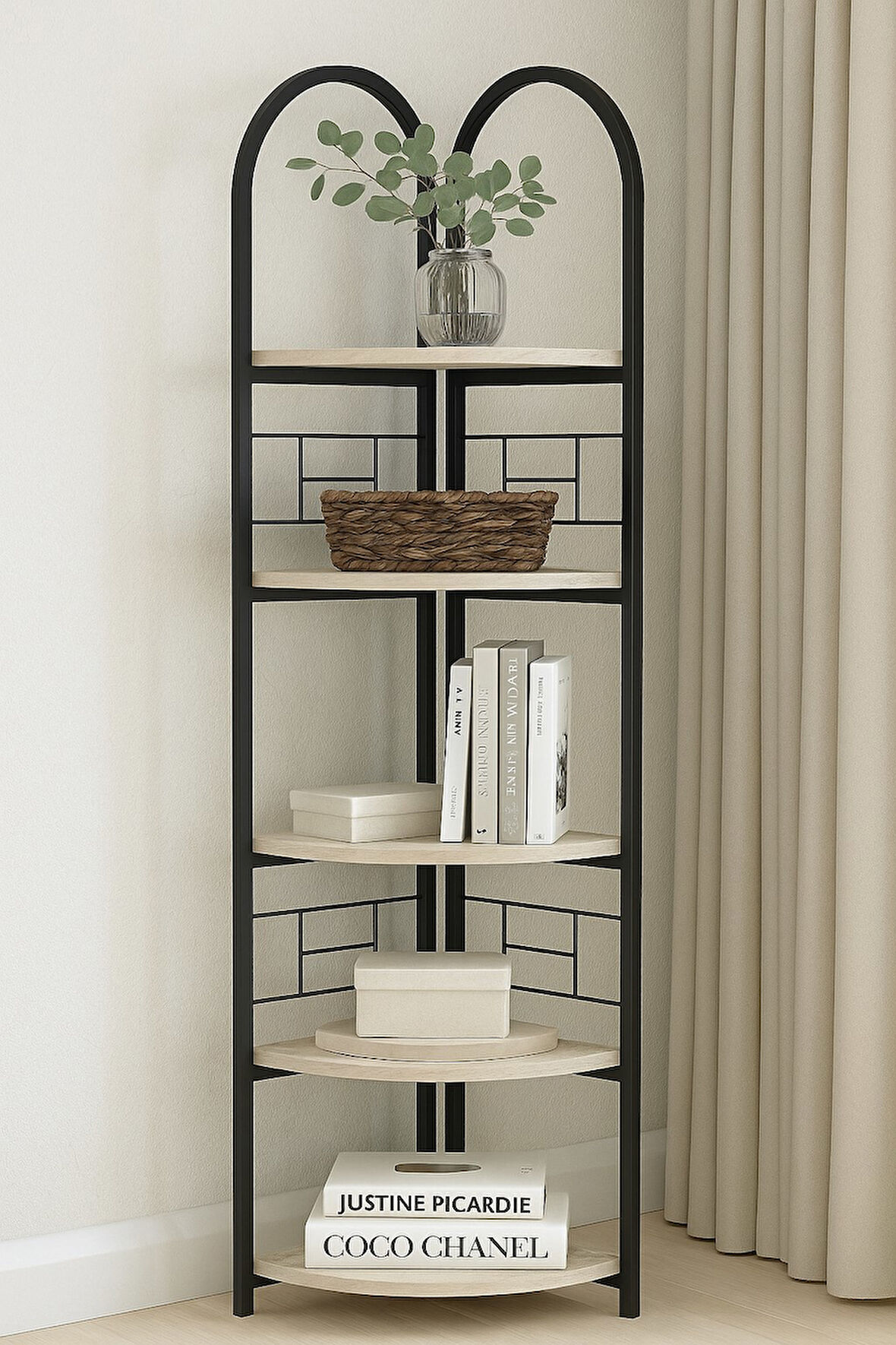 Reyo Falez 5 Raflı Metal Köşe Kitaplık Dekoratif Aksesuar Rafı Çiçeklik Salon Dekoratif Çok Amaçlı R