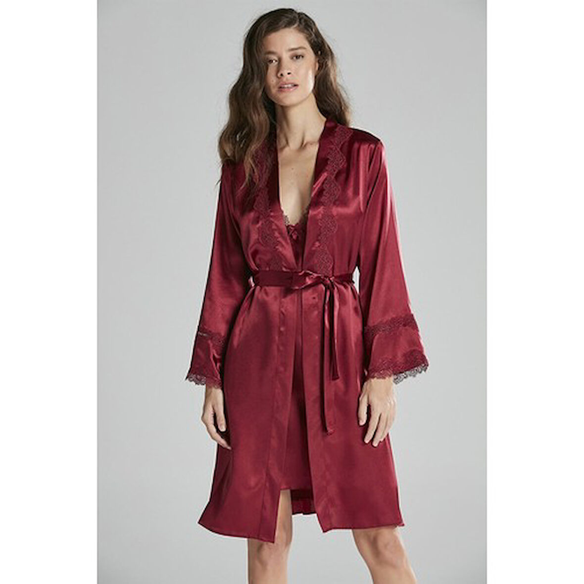 Pierre Cardin 6965 Altılı Saten Gecelik Sabahlık Takımı Bordo