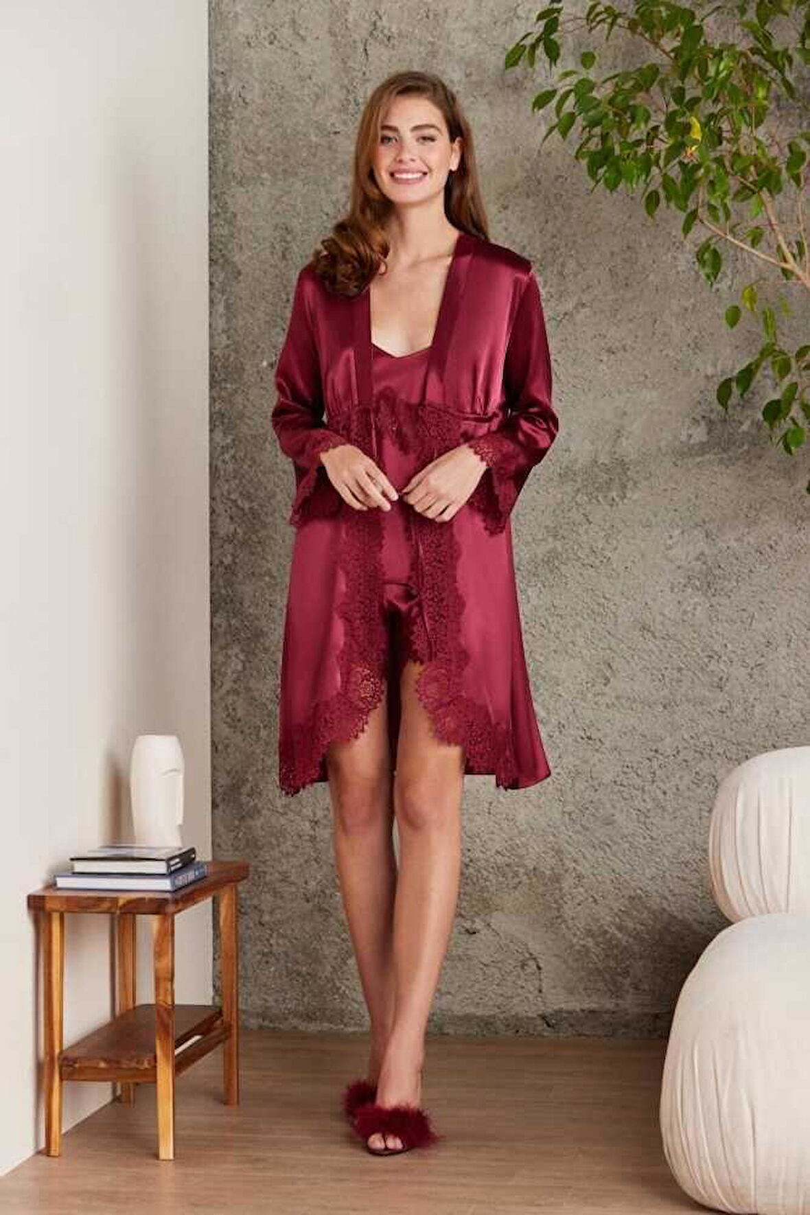 Pierre Cardin Kadın 4'lü Bordo Saten Takım Gelin Çeyiz Seti 7045