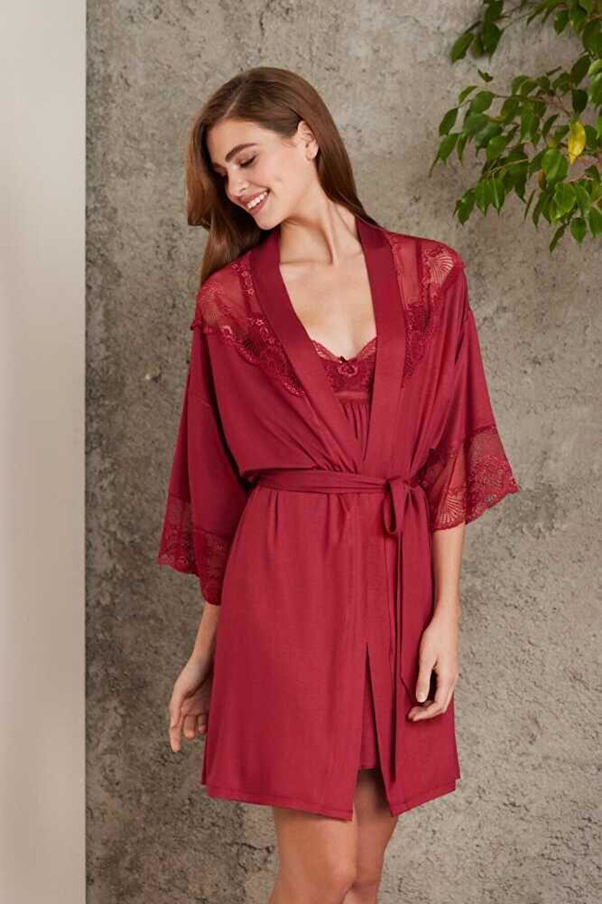 Pierre Cardin Penye Dantelli Gecelik Sabahlık Takım 4010 Bordo