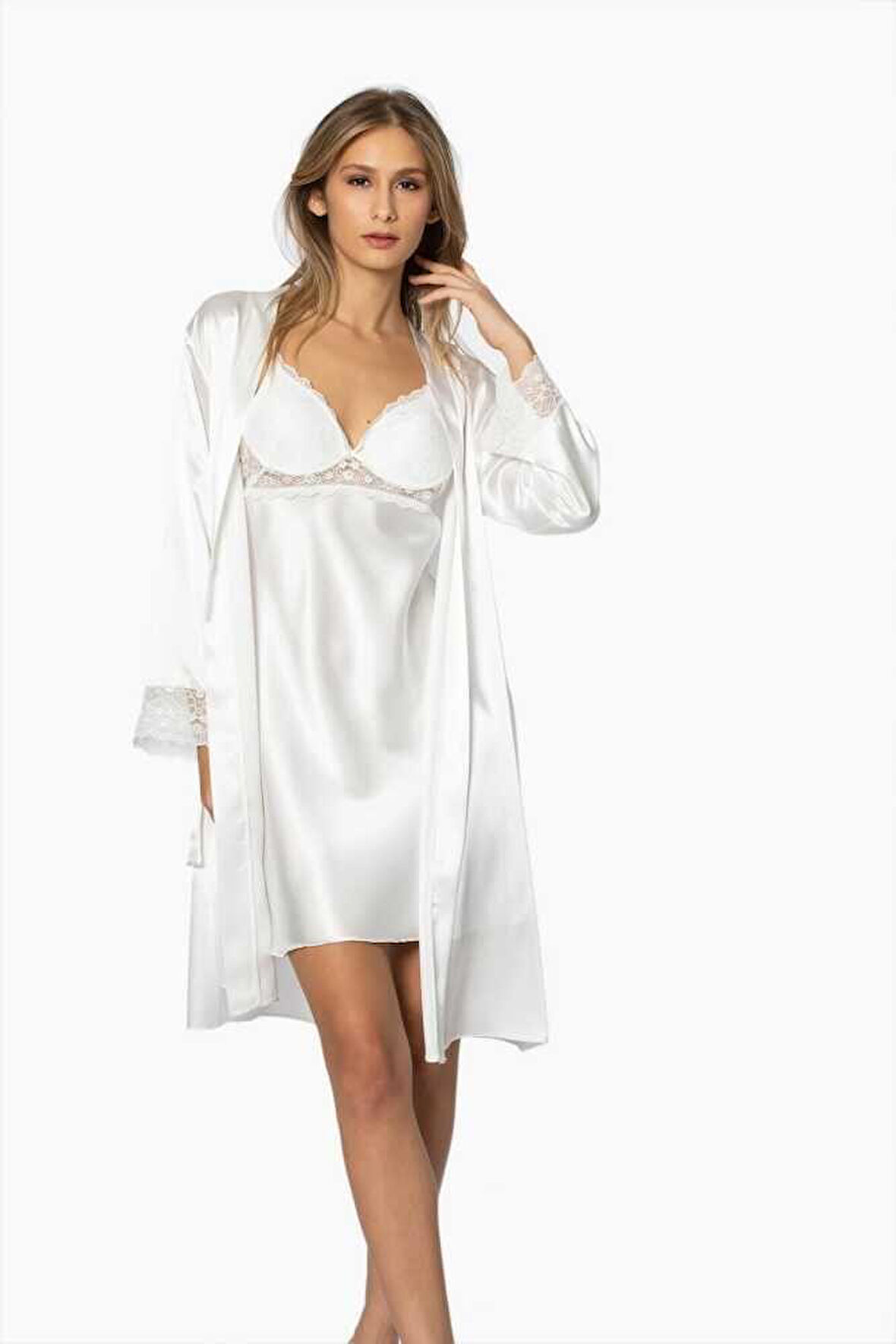 Pierre Cardin Sütyen Kaplı Ekru Sabahlık Gecelik Set 4285
