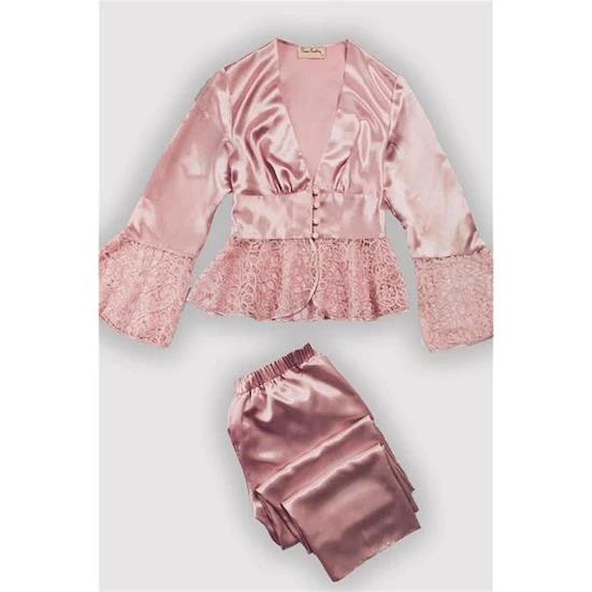 Pierre Cardin 1100 Pudra Saten Uzun Kollu Kadın Pijama Takımı